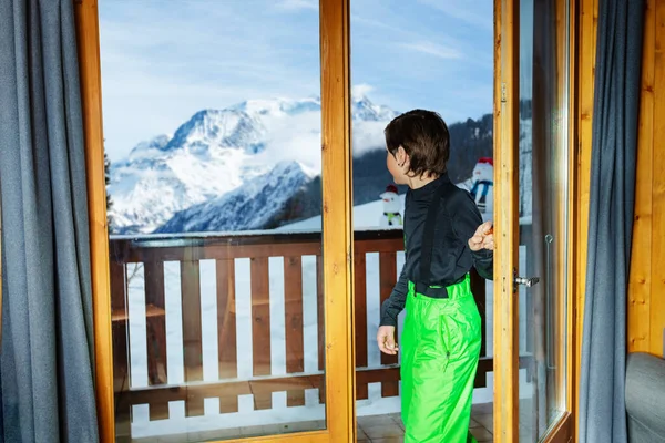 Handsome Boy Ski Outfit Open Door Balcony Alpine Mont Blanc — 图库照片