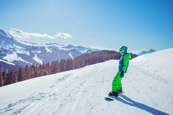 Happy Young Boy Ski Outfit Stand Snowboard Sunny Day Slope — Foto de Stock