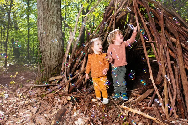 Cute Kids Brother Sister Girl Play Soap Bubbles Hut Branches — 图库照片