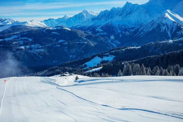 Fresh Beautiful Ski Track Mont Blanc Alps Massif Mountains Range — Stock Photo, Image