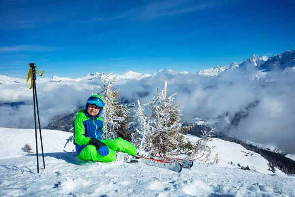 Smiling Boy Alpine Ski Poles Sit Snow Top Mountain Peaks — Stock Photo, Image