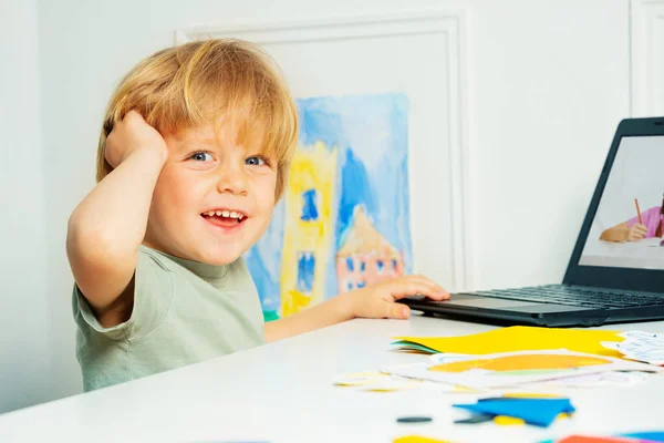 Happy Blond Little Boy Using Laptop Remote Educational Videos Sitting — Zdjęcie stockowe