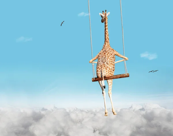 Illustration Image Giraffe Swinging Swing Bar Blue Sky Clouds Foam — Stockfoto