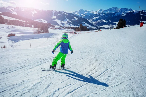 Boy Snowboard Move Fast Downhill Ski Alpine Sloe Mountain Rear — Stock Photo, Image