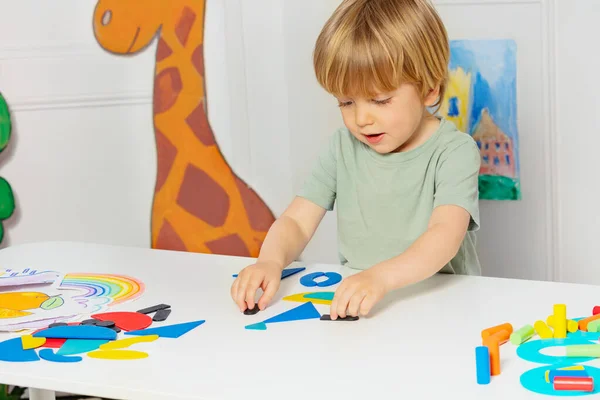 Young Little Blond Boy Form Shapes Standing Table Kindergarten Playing — 图库照片