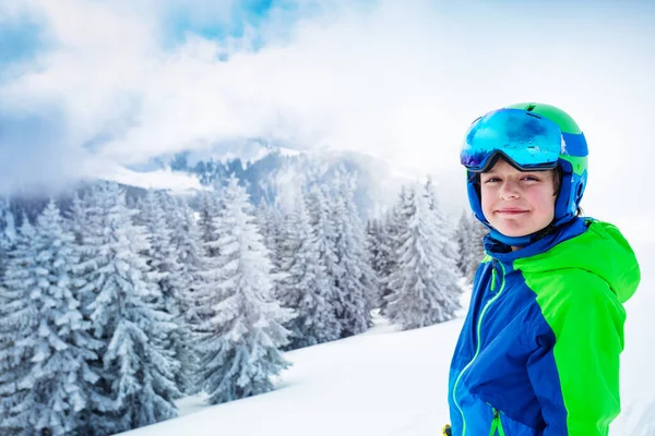 Cut Happy Handsome Young Boy Ski Snowboard Outfit Smiling Forest — Stockfoto