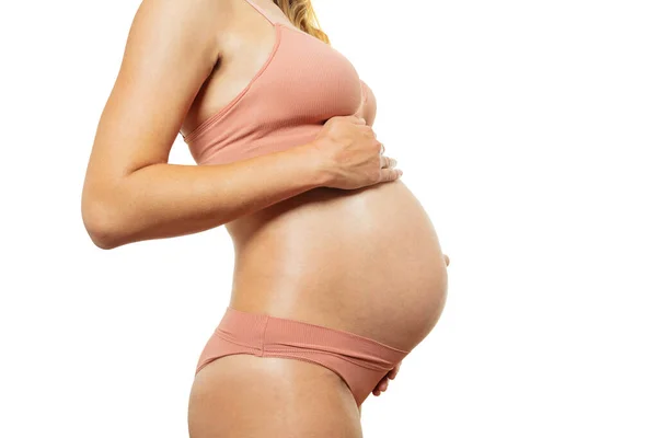 Close Profile Image Pregnant Woman Belly Casual Underwear White Background — Fotografia de Stock