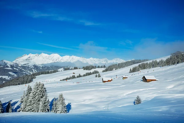 Covered Snow Houses Strong Snowfall French Alps Mountains Valley Panorama — Foto de Stock