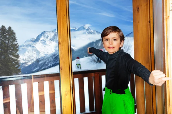 Close Portrait Boy Door Balcony Point Finger Mountain Ski Winter — Fotografia de Stock