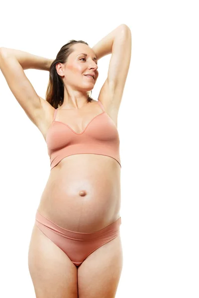 Happy Relaxed Pregnant Woman Body Color Underwear Posing Big Belly — Foto de Stock