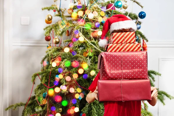 Hands Boy Holding Big Stack New Year Presents Covered Santa — Foto Stock