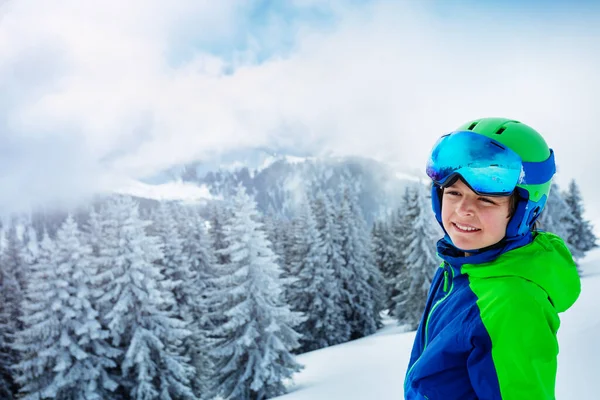Smiling Portrait Young Boy Ski Helmet Mask Smile Standing Forest —  Fotos de Stock