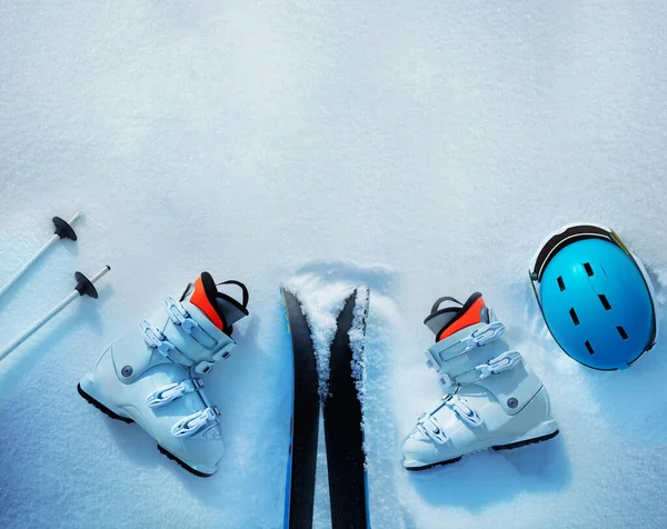 Many Different Objects Ski Boots Helmets Masks Poles Gloves Snow — Fotografia de Stock