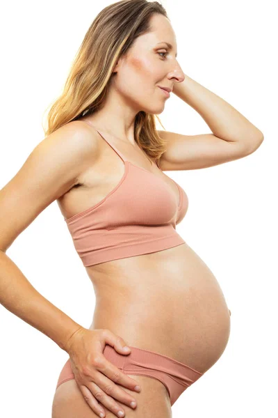 Pregnant Woman Pose Profile Big Belly White Background — 图库照片