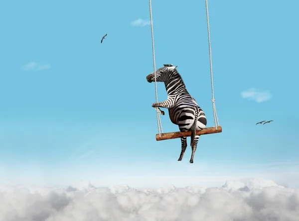 Illustration Image Zebra Swinging Swing Bar Blue Sky Clouds Foam —  Fotos de Stock