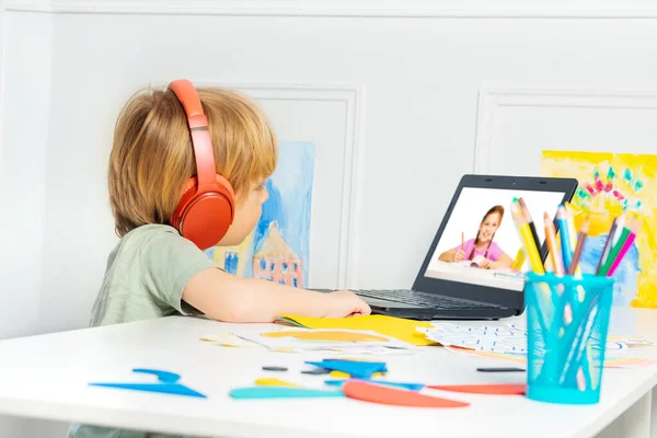 Smart Smiling Blond Boy Headphones Using Laptop Remote Educational Videos — Stock Photo, Image