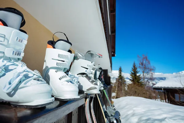 Row Many Alpine Ski Boots Balcony Rail Mountain Winter Vacation — 图库照片