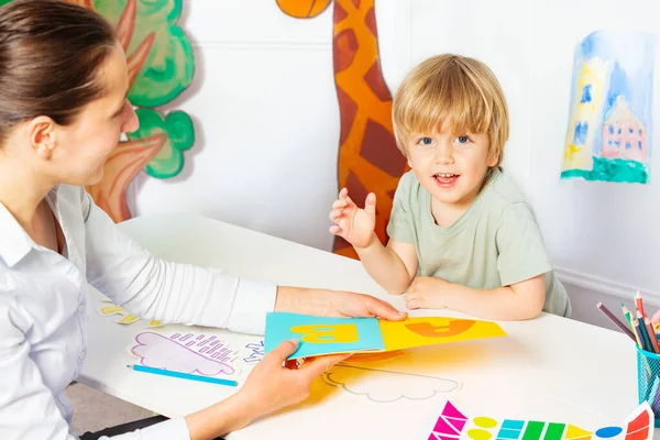 Early Development Lesson Woman Shows Teaches Letters Little Blond Boy — Zdjęcie stockowe