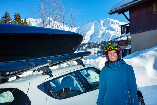 Young Woman Car Wearing Sport Outfit Helmet Ski Mask Mountain — Zdjęcie stockowe