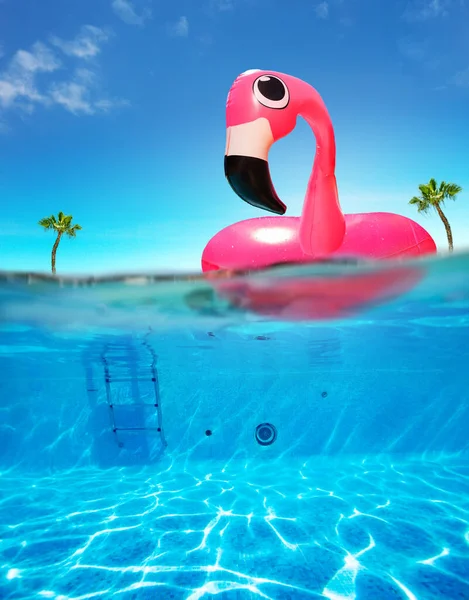 Inflatable Flamingo Rubber Buoy Pool Underwater Split Photo Air Bubbles — ストック写真