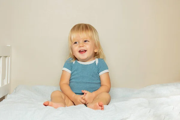 Portrait Happy Laughing Blond Toddler Boy Open Mouth Sit Bed — Stock Photo, Image