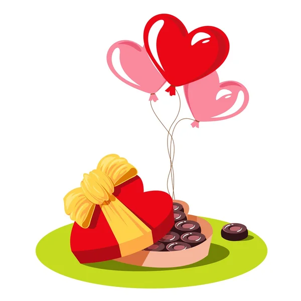 Romantische Karte für den Valentinstag. Luftballons und eine Schachtel Pralinen. — Stockvektor