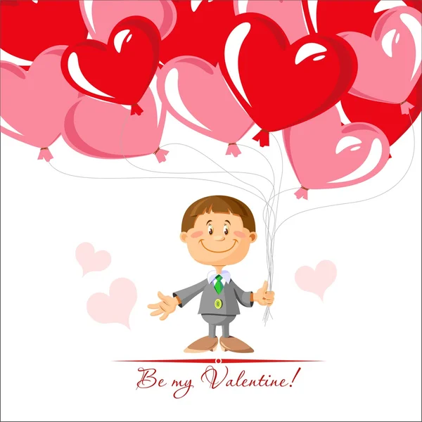 Tarjeta romántica para San Valentín. Niño y muchos globos en forma de corazón . — Vector de stock