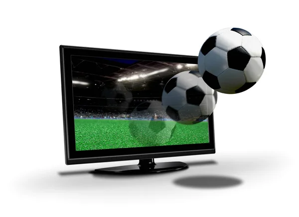 Fotboll flyger ut från LCD-skärmen — Stockfoto