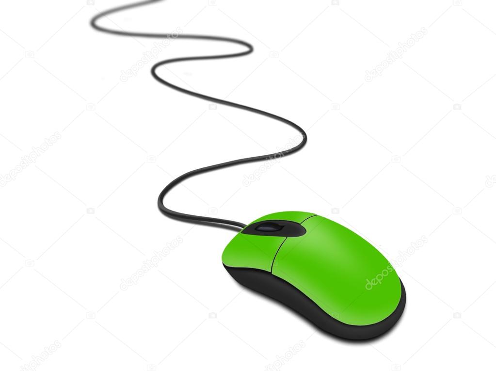 Green mouse with cable over white