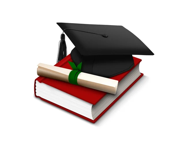 Sombrero de graduación, pergamino y libro rojo — Foto de Stock