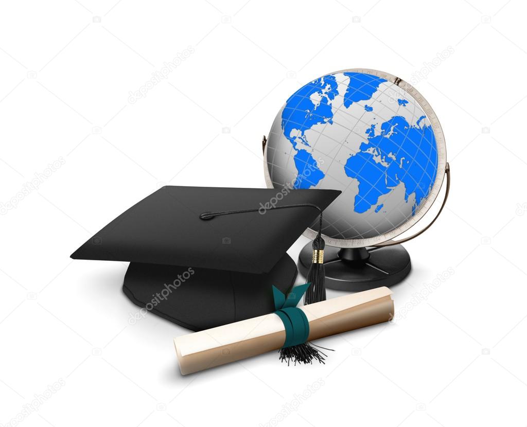 Graduation hat, diploma and globe
