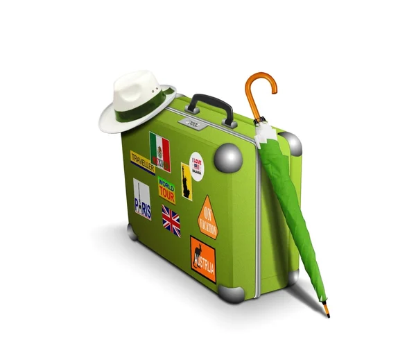 Koffer met reizen stickers, hoed en een paraplu — Stockfoto