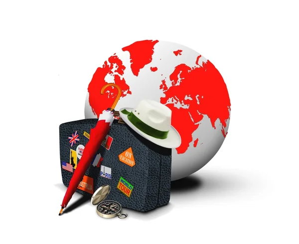 Suitcase and red globe with compass — Stock Photo, Image