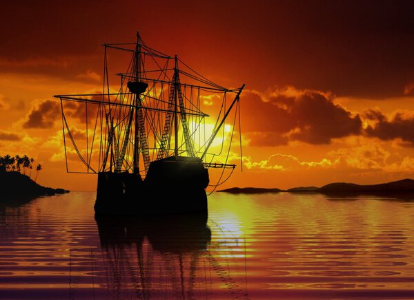 Sailboat near coastline during sunset