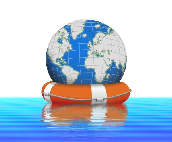 Lifebuoy and earth globe floating in water — Stock Photo, Image