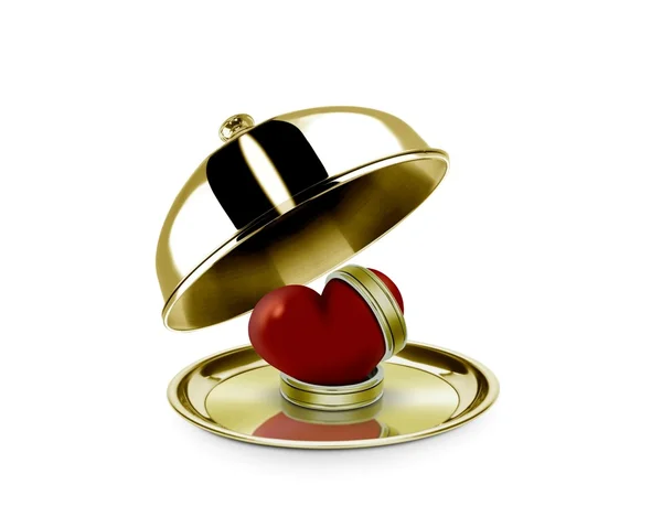 Cuore e anello su un piatto d'oro — Foto Stock