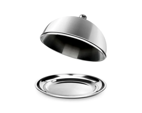 Silver cloche and platter with open lid — Stock Photo, Image