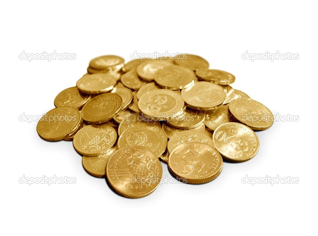 Coins in gold color over white