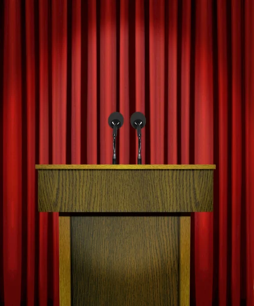Podium and microphones over red curtains — Stock Photo, Image