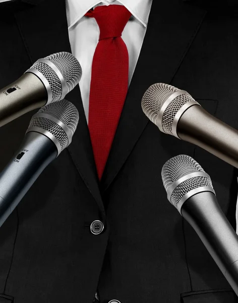 Press interview with microphones — Stock Photo, Image