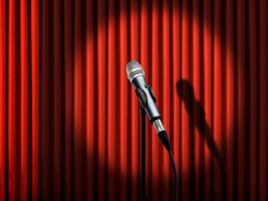 Microphone under spotlight over red curtains clipart