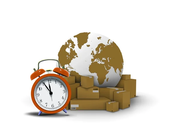Teslimat saati kutuları ve küre ile hızlı — Stok fotoğraf