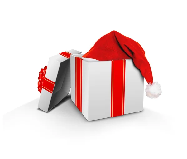 Christmas gift box en santa hat — Stockfoto