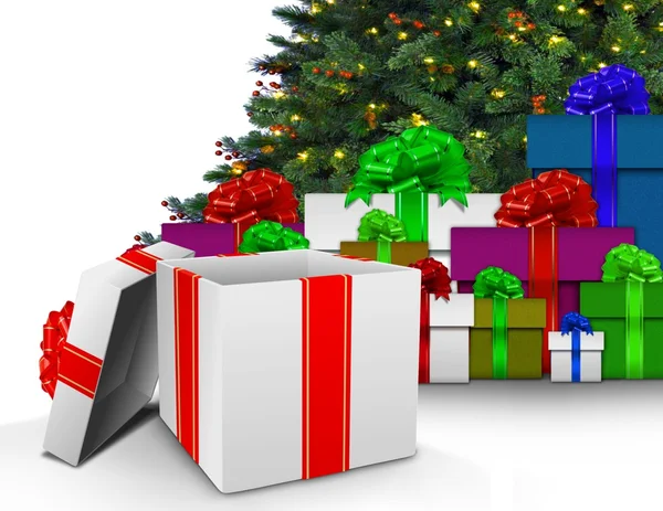 Christmas presents by tree — Stock Photo, Image