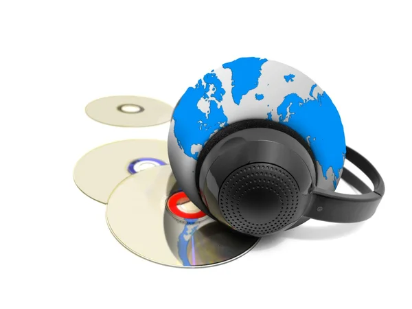 Hörlurar och musik-cd med globe — Stockfoto