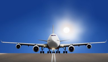 hava uçak pistte parlak güneş ve mavi gökyüzü ile