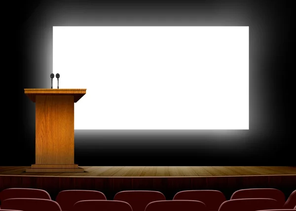 Conference hall with podium and presentation screens — Stock Photo, Image