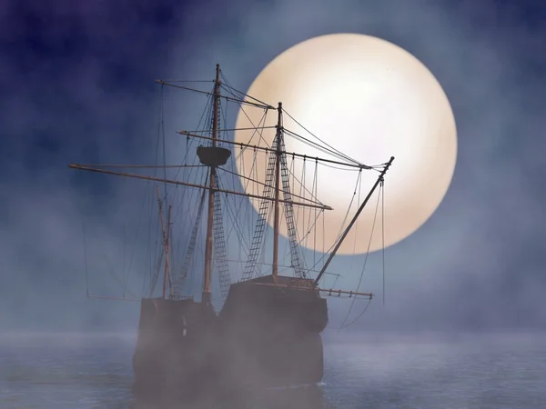 Nave pirata con chiaro di luna e nebbia — Foto Stock