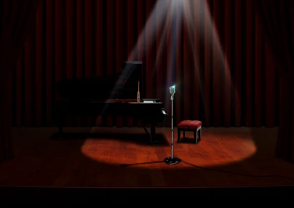 Pianoforte e Microfono sotto i riflettori con tende rosse — Foto Stock