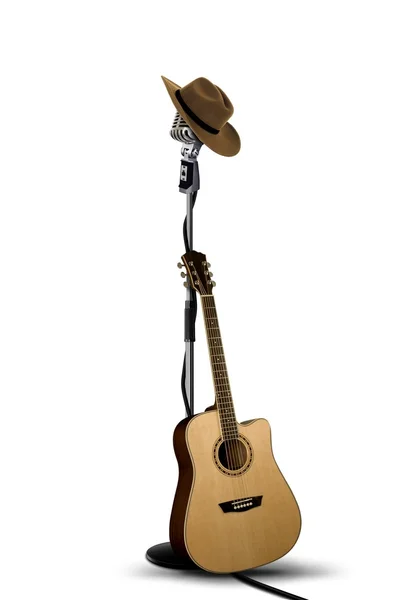 Microfono vintage con cappello da cowboy e chitarra — Foto Stock